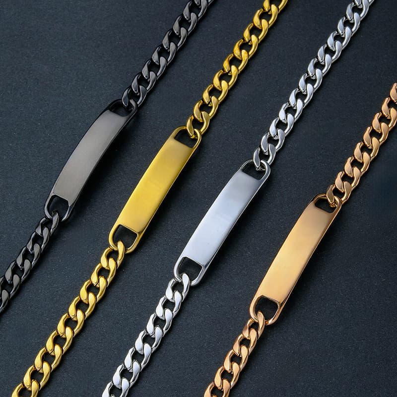 ブレスレットメンズ シンプル喜平チェーンプレート付ブレスレット