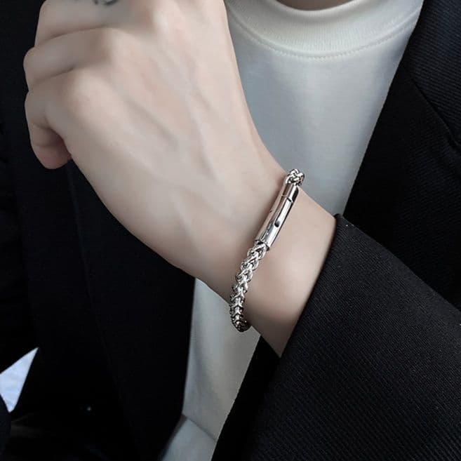 ブレスレットメンズ 編み込みプレートブレスレット