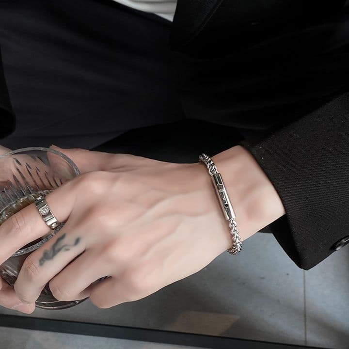 ブレスレットメンズ 編み込みプレートブレスレット