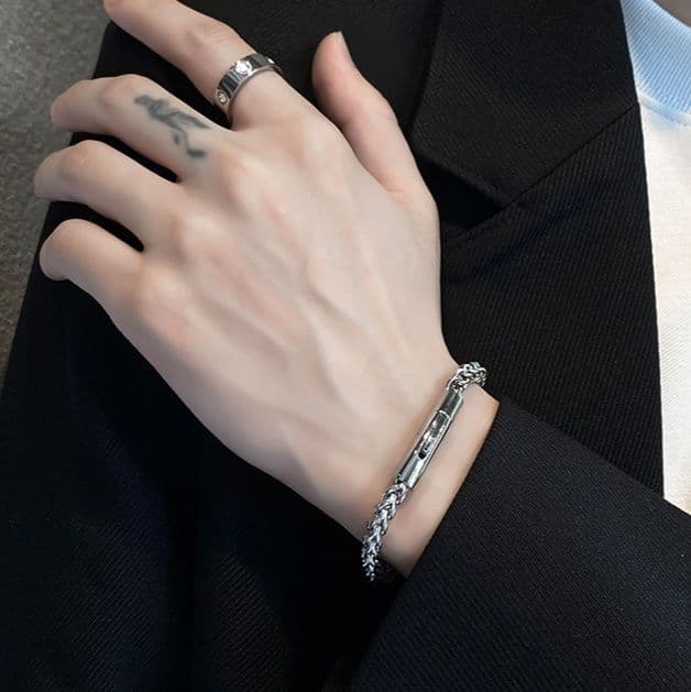 ブレスレットメンズ 編み込みプレートブレスレット