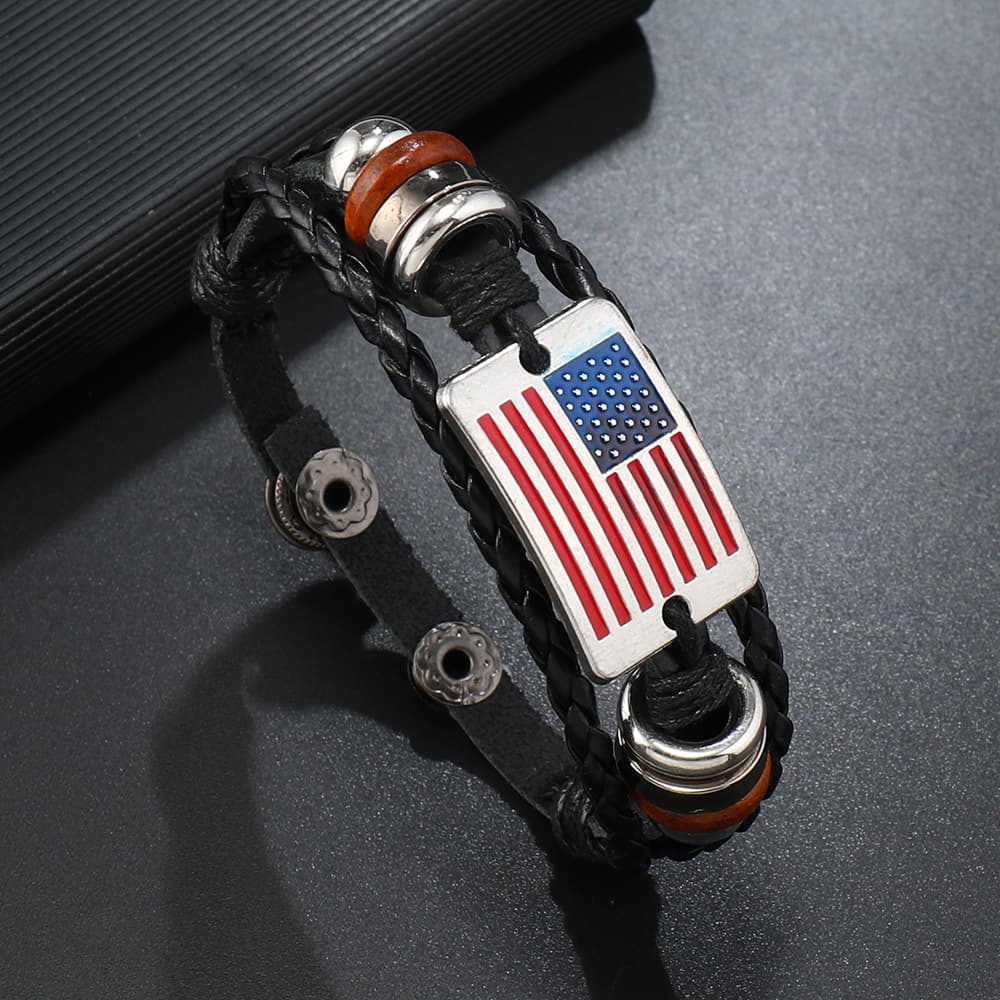 ブレスレットメンズ アメリカ国旗柄 レザー編み込みブレス