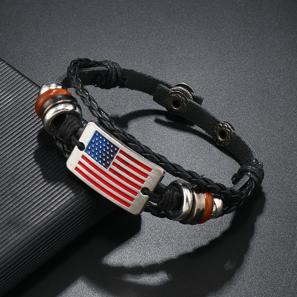 ブレスレットメンズ アメリカ国旗柄 レザー編み込みブレス