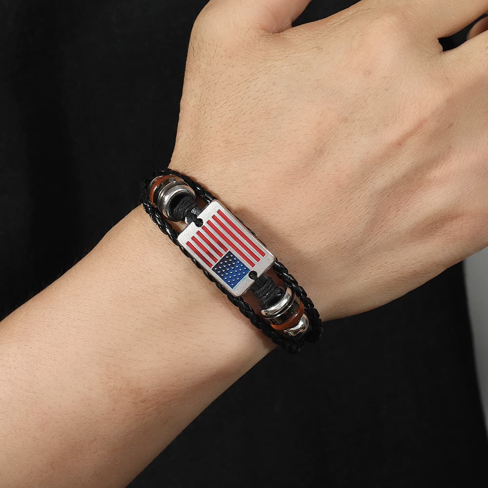 ブレスレットメンズ アメリカ国旗柄 レザー編み込みブレス