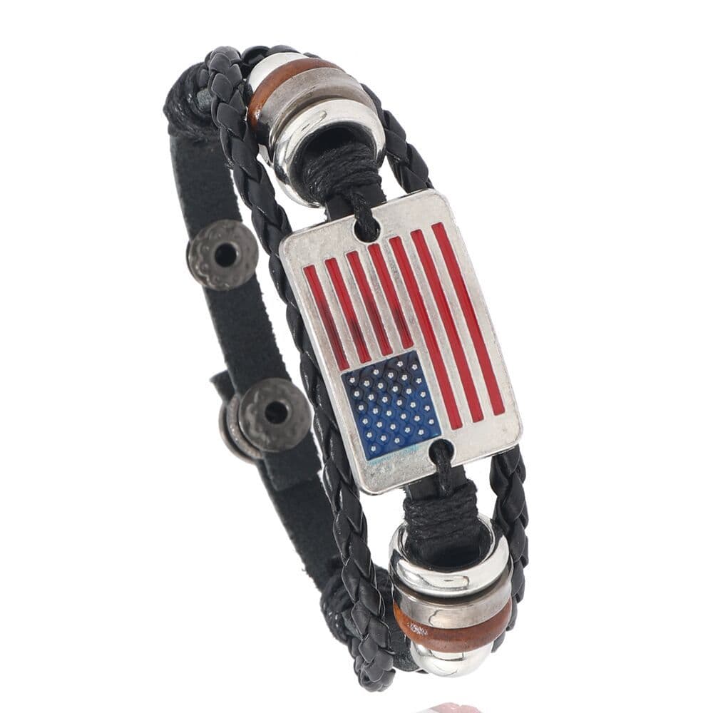 ブレスレットメンズ アメリカ国旗柄 レザー編み込みブレス