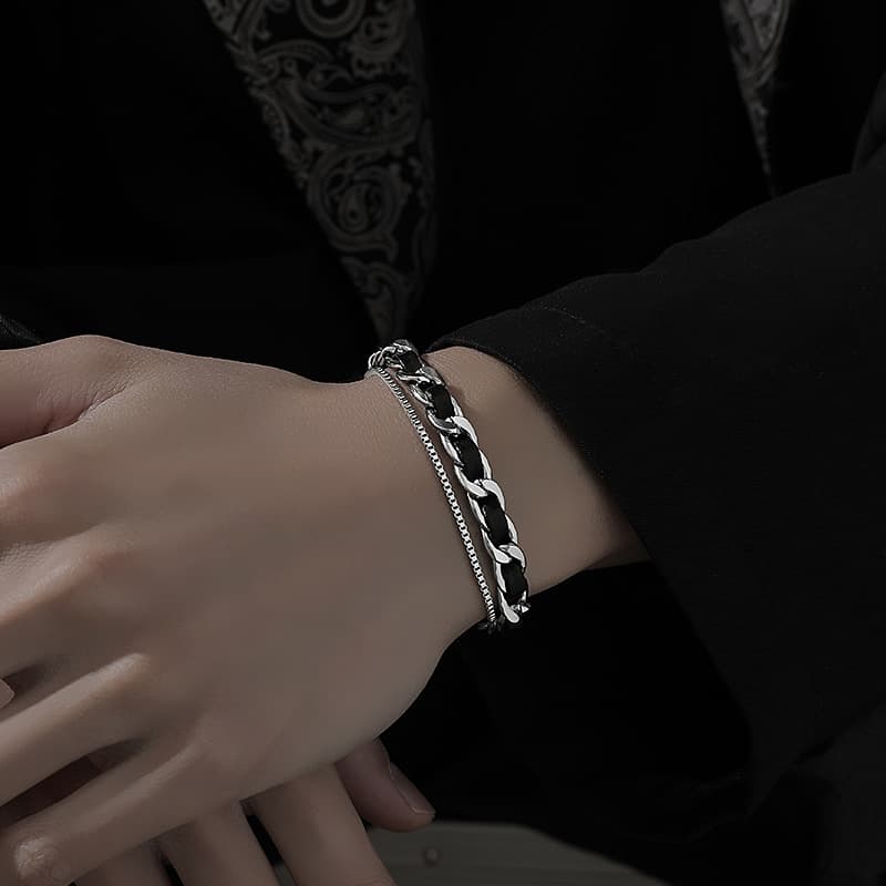 ブレスレットメンズ 紐編み込み二連ブレスレット